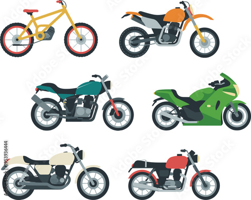motorcycle and bicycle collection illustration, various bike styles set, sport dirt cruiser models, modern transport design, colorful vehicle vector