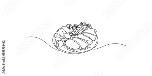 A continuous line drawing of a decorative plate with flowers and herbs on it illustration