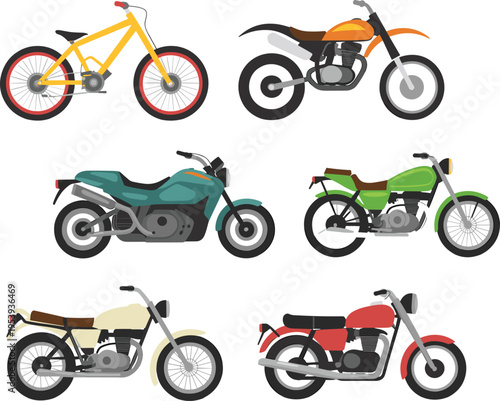 motorcycle and bicycle collection illustration, different bike types set, sport dirt cruiser models, modern transport design, colorful vehicle vector