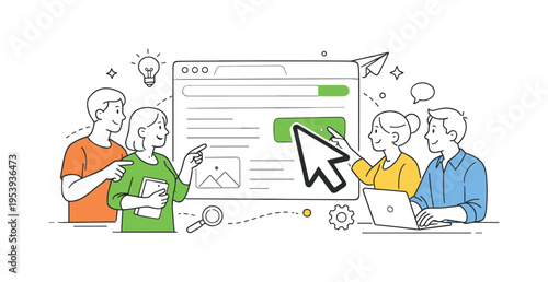 Website navigation and digital interface interaction in a modern workplace where colleagues cooperate while pointing at elements on a computer display, a large mouse cursor arrow