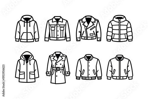 Jackets and outerwear clothing: hooded jacket, denim jacket, leather biker jacket, winter puffer jacket, raincoat with hood, trench coat, varsity jacket, bomber jacket
