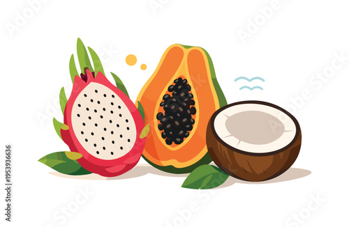 A tropical market inspiration concept illustrating the diversity of exotic fruits enjoyed in warm climates and healthy diets, symbolized by flat style fruit elements of a dragon