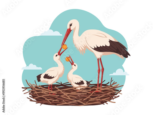A stork feeding its chicks in a nest.