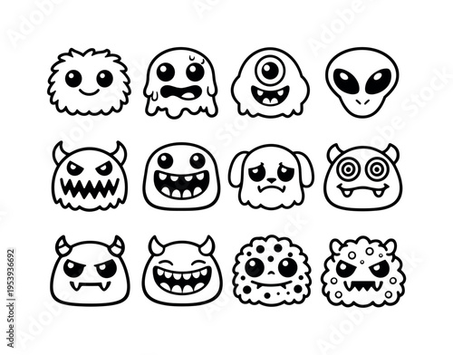 Cute monster avatars set: fluffy monster head, slime monster head, cyclops monster head, alien style monster head, monster head with zigzag mouth, monster head with round teeth