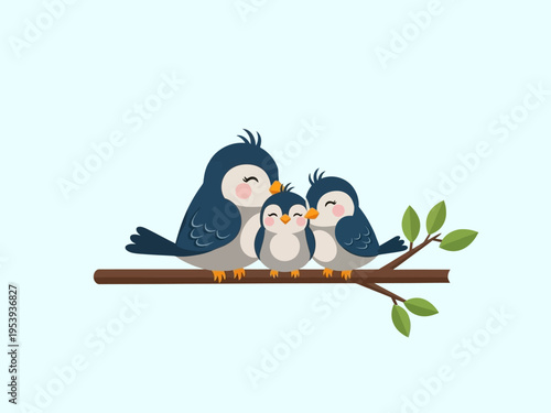 Cute cartoon family of three birds sitting on a tree branch.