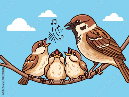 A family of sparrows singing together on a tree branch.