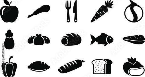 Food icons including fruits and vegetables with cutlery
