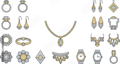 Elegant Jewelry Accessories Icon Set Featuring Rings Earrings Necklace Bracelets Watches and Luxury Fashion Ornaments Vector Collection