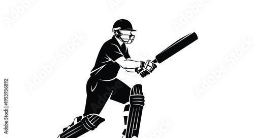 A stylized black and white depiction of a cricket player poised to strike the ball