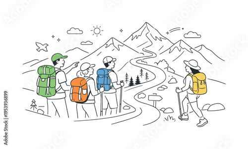 Mountain trekking experience where travelers hike together across a scenic alpine trail carrying backpacks and outdoor gear, a winding mountain path and tall peaks forming the