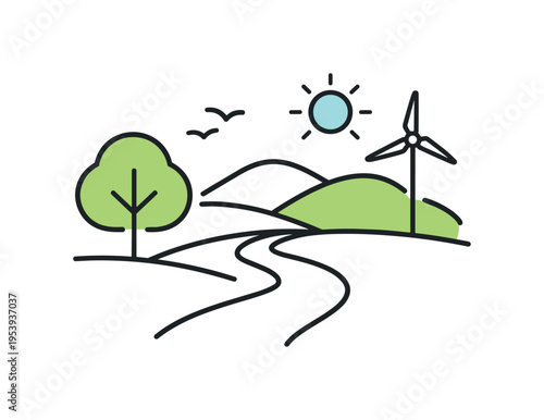 Eco friendly lifestyle and renewable environment theme highlighting connection with nature and outdoor well being, a clean composition with layered hills, a tree, and a winding