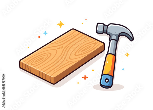 Carpentry and woodworking craftsmanship representing practical construction skills and traditional material work, a wooden board with visible grain pattern beside a simple hammer
