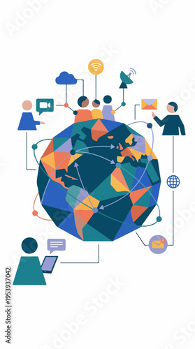 Low poly globe with connected users cloud video call and mail icons