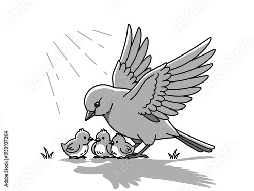 Mother bird protecting her chicks under her wings.