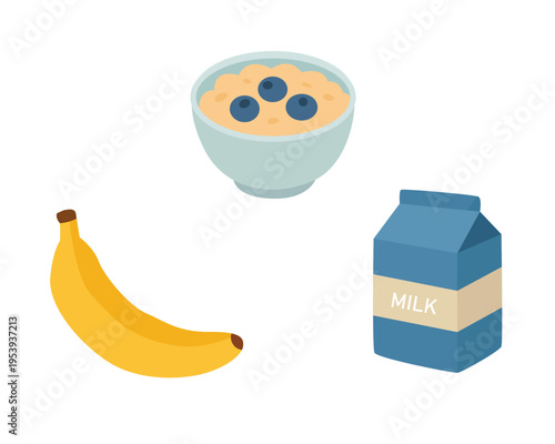 Healthy Breakfast Ingredients with Banana, Oatmeal, and Milk