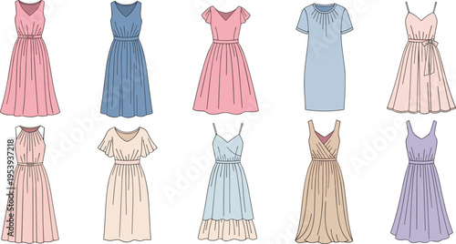 Elegant Women Dress Collection Featuring Minimalist Casual and Formal Dresses Soft Color Palette Fashion Clothing Styles Vector Illustration Set