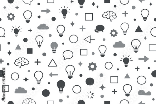 Minimal idea and thinking seamless pattern for modern design and concept visuals featuring simple bulb icon, line bulb, spark, star, dot, plus symbol, gear, brain outline, cloud,