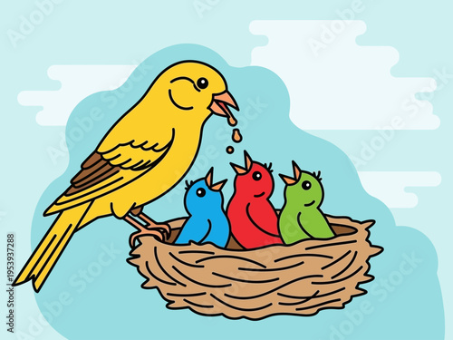 A mother canary feeding her three hungry chicks in a nest.