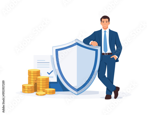 Financial protection and responsible asset management in a modern personal finance scenario, a professional standing beside a shield symbol protecting a small stack of valuable