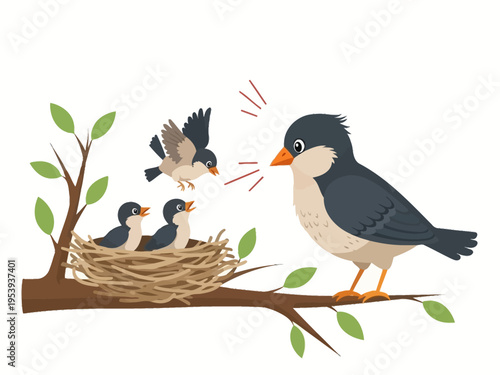Mother bird feeding her chicks in a nest on a tree branch.