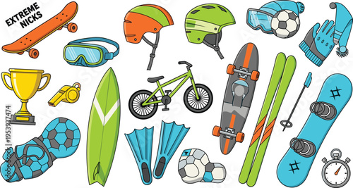 Extreme Sports Equipment Icon Set Featuring Skateboards Helmets Snowboards Surfboard Bicycle Skis Trophy Stopwatch and Adventure Gear Vector Collection