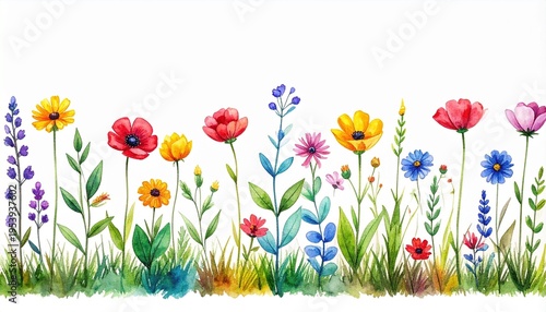 Panoramic Watercolor Wildflower Border with Colorful Hand-Drawn Meadow Flowers on White Background
