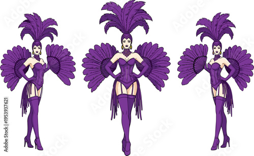 Carnival Samba Dancer in Purple Costume with Feather Headdress Brazil Festival Vector Illustration Set