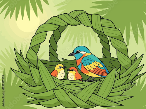 A mother bird feeding her chicks in a woven nest.