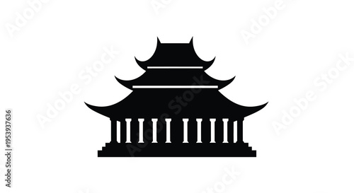 Simple black silhouette depicts a traditional east asian tiered temple structure with columns high quality