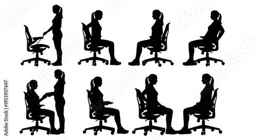 Silhouette illustrations of office chair usage.