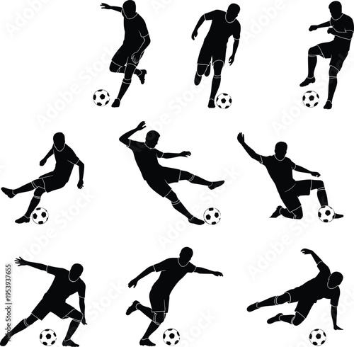 Vector Silhouette Set of Professional Soccer Players Dribbling Kicking and Shooting the Ball Isolated on White Background for Sports Competition Graphic Design Assets