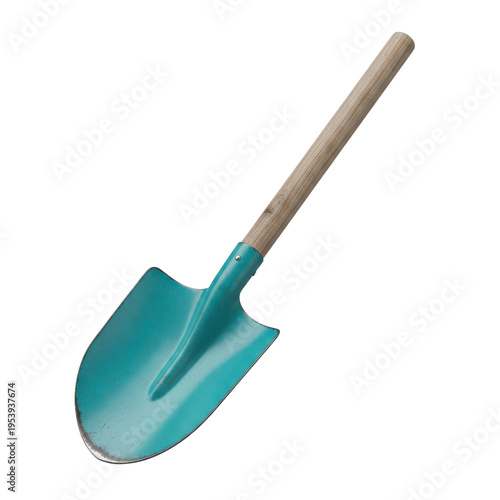 Turquoise garden shovel with wooden handle