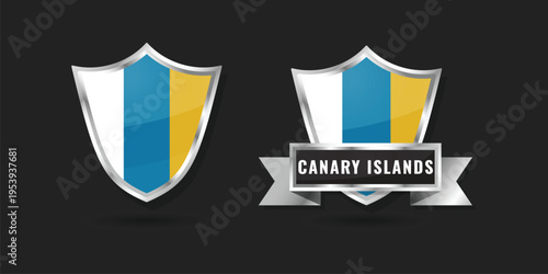 Glossy silver shield emblems featuring the flag of Canary Islands. Includes badge with ribbon banner. High-quality vector graphics for Spanish regional, tourism, and island identity