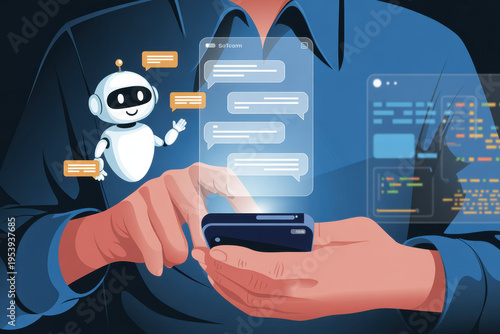 Man using smartphone with AI chatbot interface, virtual assistant messages. Concept of artificial intelligence communication, customer support automation, digital technology, smart mobile interaction.