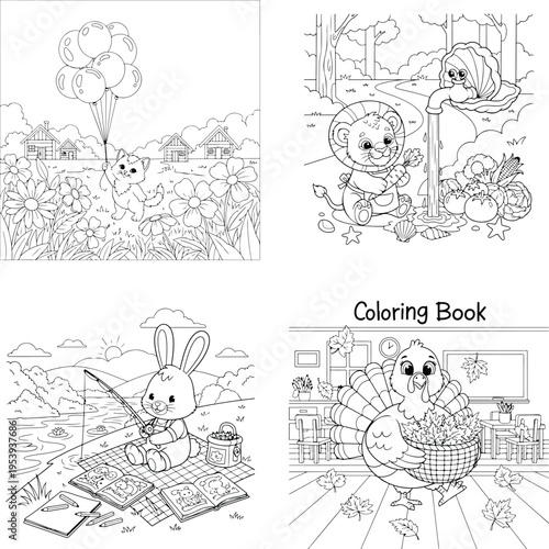 Charming cartoon animal illustrations for children's coloring pages and books with coloring book