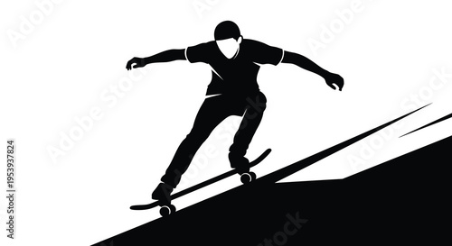 A dynamic black silhouette depicts a skateboarder mid air performing a trick on a ramp