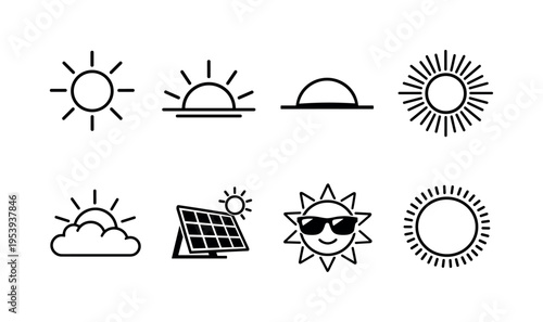 Sun and sunlight symbols: sun with rays, sunrise over horizon, sunset half sun, shining sunburst, sun behind cloud, solar panel with sun, sun with sunglasses, radiant sun circle