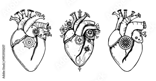 Mechanical heart set with ornate Victorian line art featuring mechanical heart, industrial romance aesthetic, detailed engraving with white background and line detailing