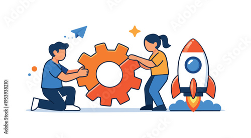 Technology-driven teamwork and rapid product building in young entrepreneurial companies highlighting collaboration and agile thinking, two flat abstract characters assembling a