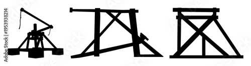 Trebuchet set with solid black silhouette isolated on white featuring medieval warfare, siege engine, historical war technology with silhouette and outline