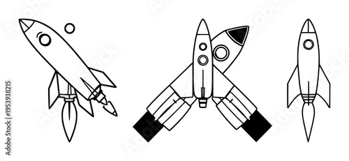 Reusable orbital rocket set with flat vector icon in modern geometric style featuring rocket, space exploration, reusable launch with geometric design and white background