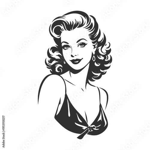 Dibujo con líneas de la parte superior de una mujer posando con bikini y peinado estilo retro