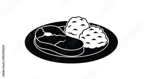 A simple black and white illustration depicts a steak and two heaps of mashed potatoes on a plate