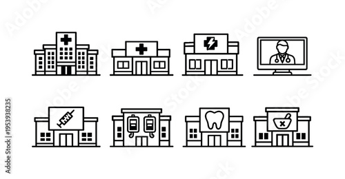 Medical service locations: city hospital building, community clinic building, urgent care center building, telemedicine clinic building, vaccination center building, dialysis