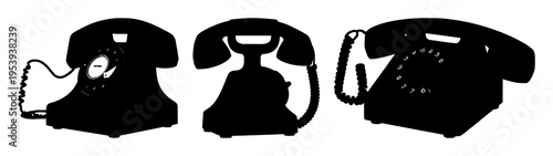 Rotary telephone set with solid black silhouette on white background featuring antique, 20th-century, communication with black fill and historical illustration
