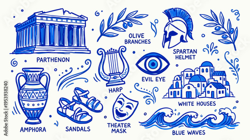 Hand drawn Greece travel elements collection with blue ink sketches on white background