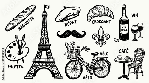 Hand drawn doodle set of French travel icons and Paris symbols
