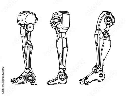 Bionic prosthetic leg set with fine line art and a futuristic high-tech aesthetic featuring artificial limb, cybernetic, and robotics with medical technology and innovation