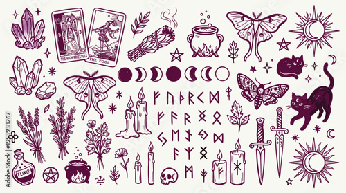 Witchcraft and Occult Elements Collection with Mystical Symbols and Magical Objects