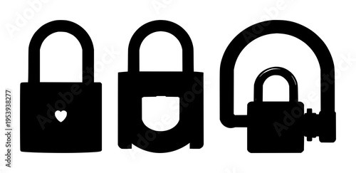 Padlock set with solid black silhouette of heavy-duty industrial padlock in an open position featuring security, access, industrial with black and white